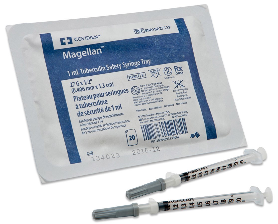 Tuberculin Syringe with Needle and Tray - Magellan™ 1 mL syringe, 28 Gauge 1/2 Inch Attached Sliding Safety Needle 