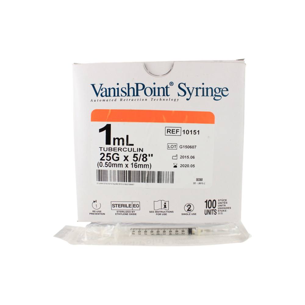 Tuberculin Syringe with Attached Needle - VanishPoint® 1 mL 25 Gauge 5/8 Inch Retractable Safety Needle